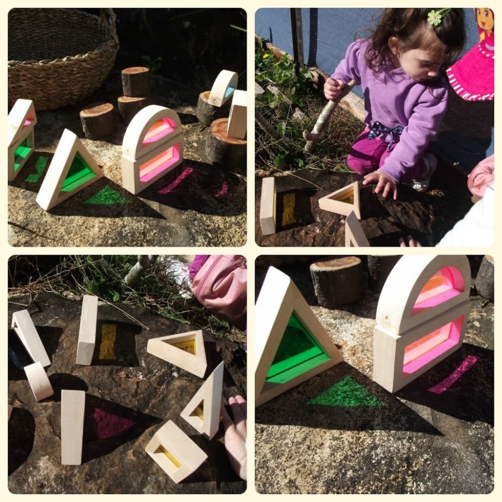 Simple toddler activity ideas to explore colour and texture through outdoor block play!