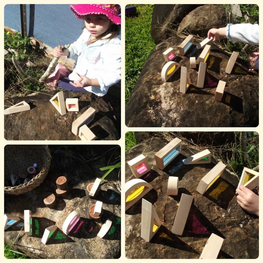 Simple toddler activity ideas to explore colour and texture through outdoor block play!