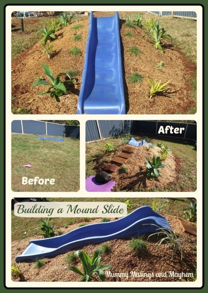 Hill Slide Fun from The Empowered Educator! Add a climbing challenge to your outdoor play area with this simple DIY mound or hill slide. No hardware required and easy to remove when no longer needed! Perfect project for parents, educators and early childhood teachers who value engaging outdoor play spaces! #outdoorplay #diy #outdoorspace #backyard #naturalplay #hillslidefun