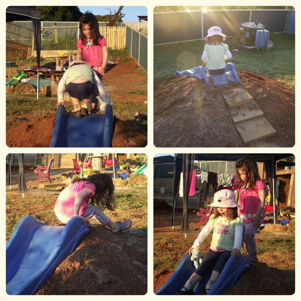 Hill Slide Fun from The Empowered Educator! Add a climbing challenge to your outdoor play area with this simple DIY mound or hill slide. No hardware required and easy to remove when no longer needed! Perfect project for parents, educators and early childhood teachers who value engaging outdoor play spaces! #outdoorplay #diy #outdoorspace #backyard #naturalplay #hillslidefun