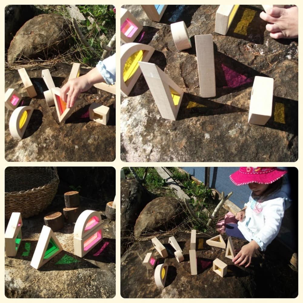 Simple toddler activity ideas to explore colour and texture through outdoor block play!