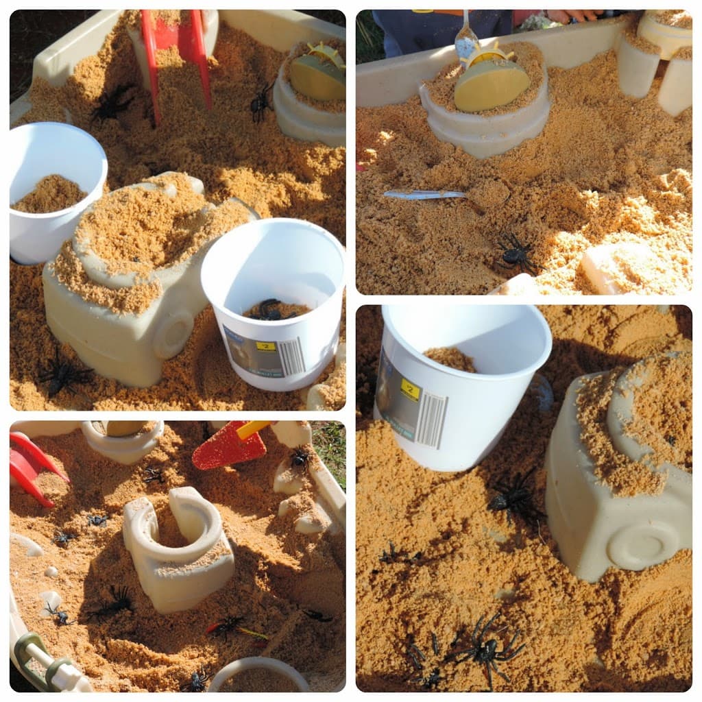 Easy fine motor fun for toddlers with spiders and sand - see how to play at Mummy Musings and Mayhem.com