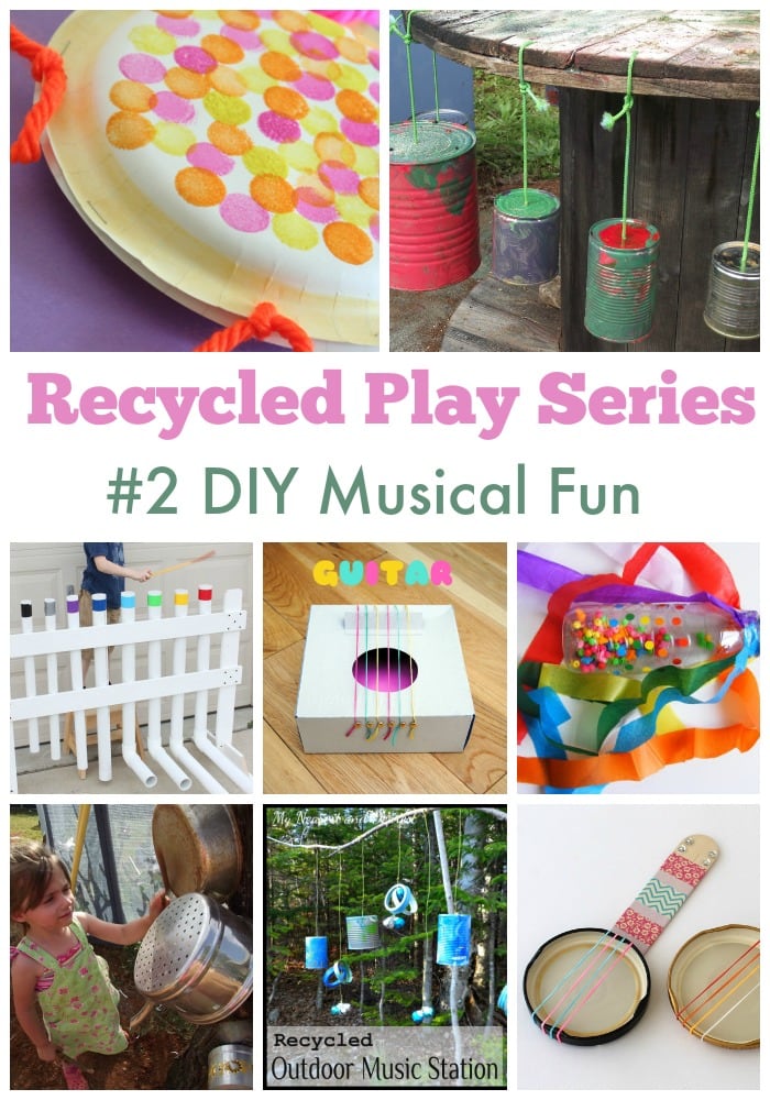 DIY Recycled Play Ideas - Make your own musical instruments using recycled materials. See them all at Mummy Musings and Mayhem!