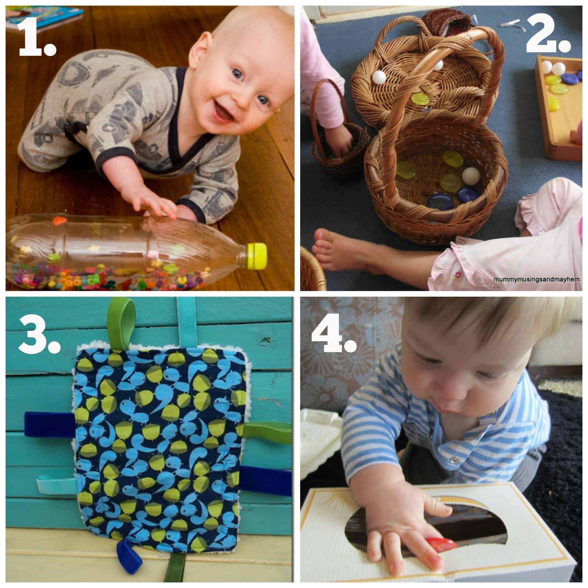 30 easy ideas to make your own baby and toddler toys using recycled materials from around the home. #3 in the Mummy Musings and Mayhem Recycled Play Series!