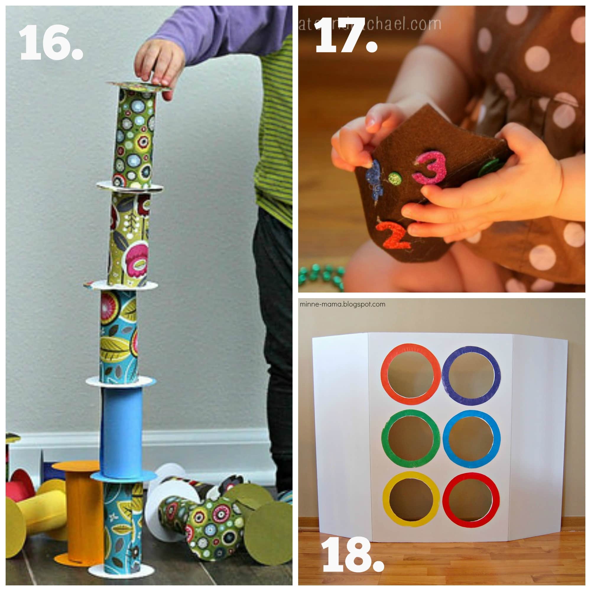 30 easy ideas to make your own baby and toddler toys using recycled materials from around the home. #3 in the Mummy Musings and Mayhem Recycled Play Series!