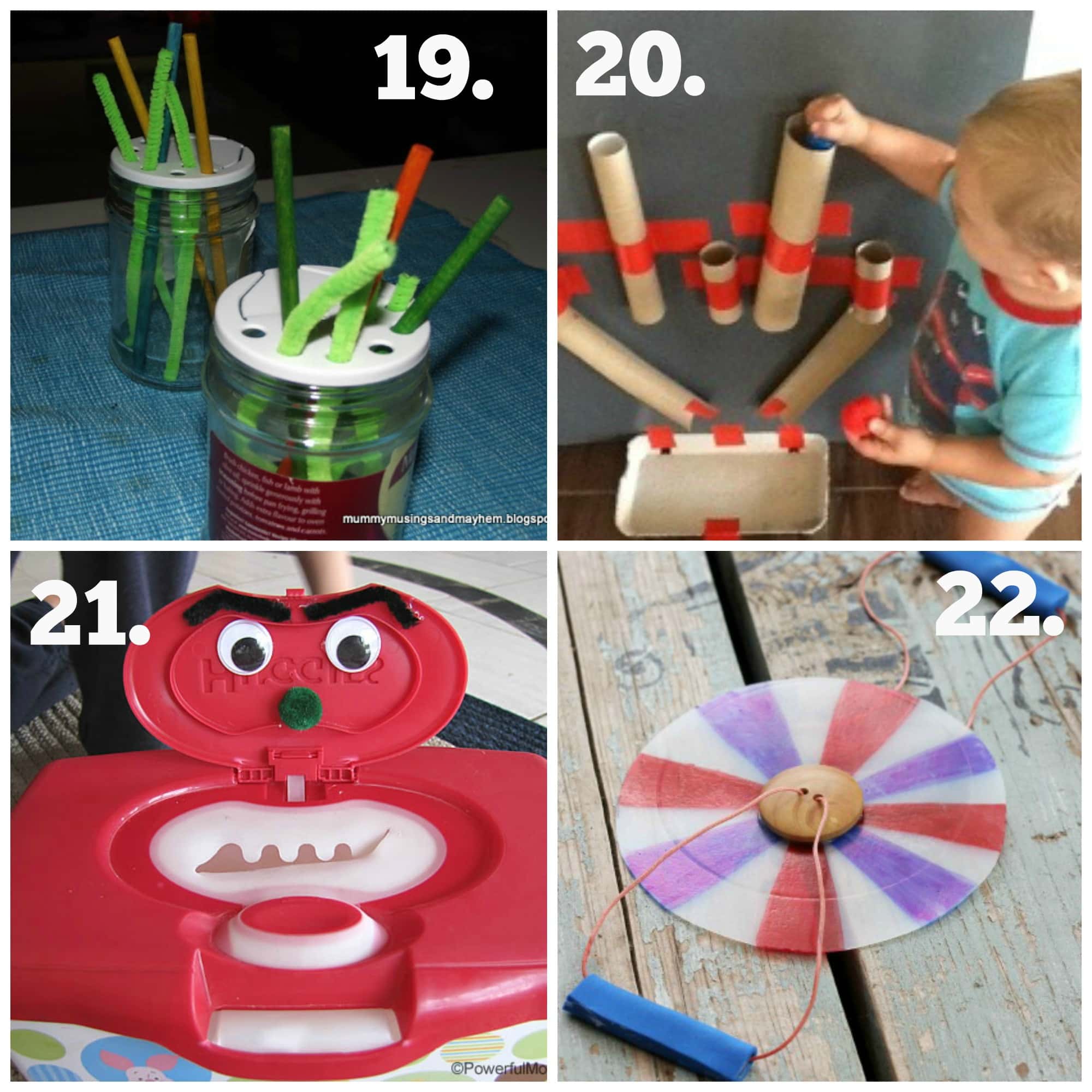 30 easy ideas to make your own baby and toddler toys using recycled materials from around the home. #3 in the Mummy Musings and Mayhem Recycled Play Series!