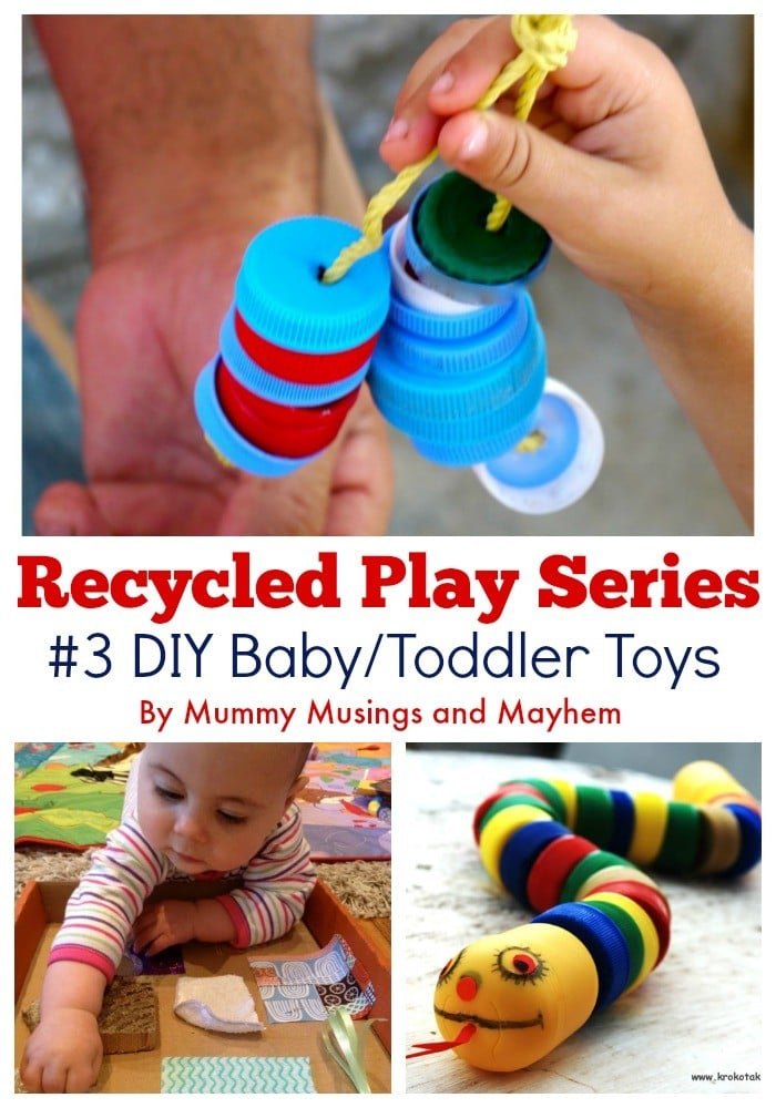 30 easy ideas to make your own baby and toddler toys using recycled materials from around the home. #3 in the Mummy Musings and Mayhem Recycled Play Series!