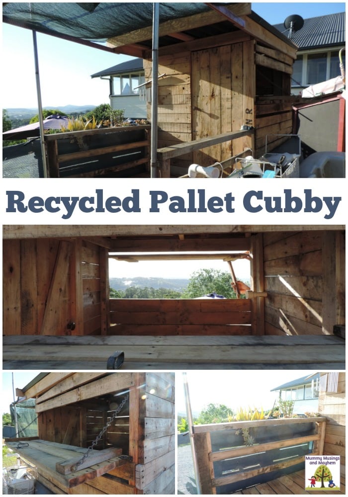 A recycled pallet cubby for outside play in the backyard. A project that cost very little due to the recycled materials used throughout - See how they did it in this post from Mummy Musings and Mayhem