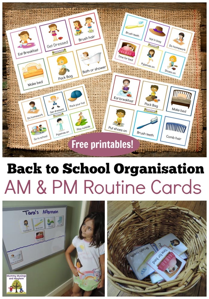 Back to school organisation - free printable cards for families to help you get on top of your morning and afternoon routines. Help your children embrace independence and self help skills! Download yours at Mummy Musings and Mayhem!