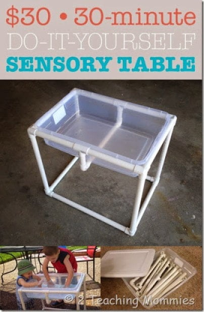 Save money and create your own sensory table for water and sand play with these 12 simple project ideas. Useful for both indoor and outdoor play!