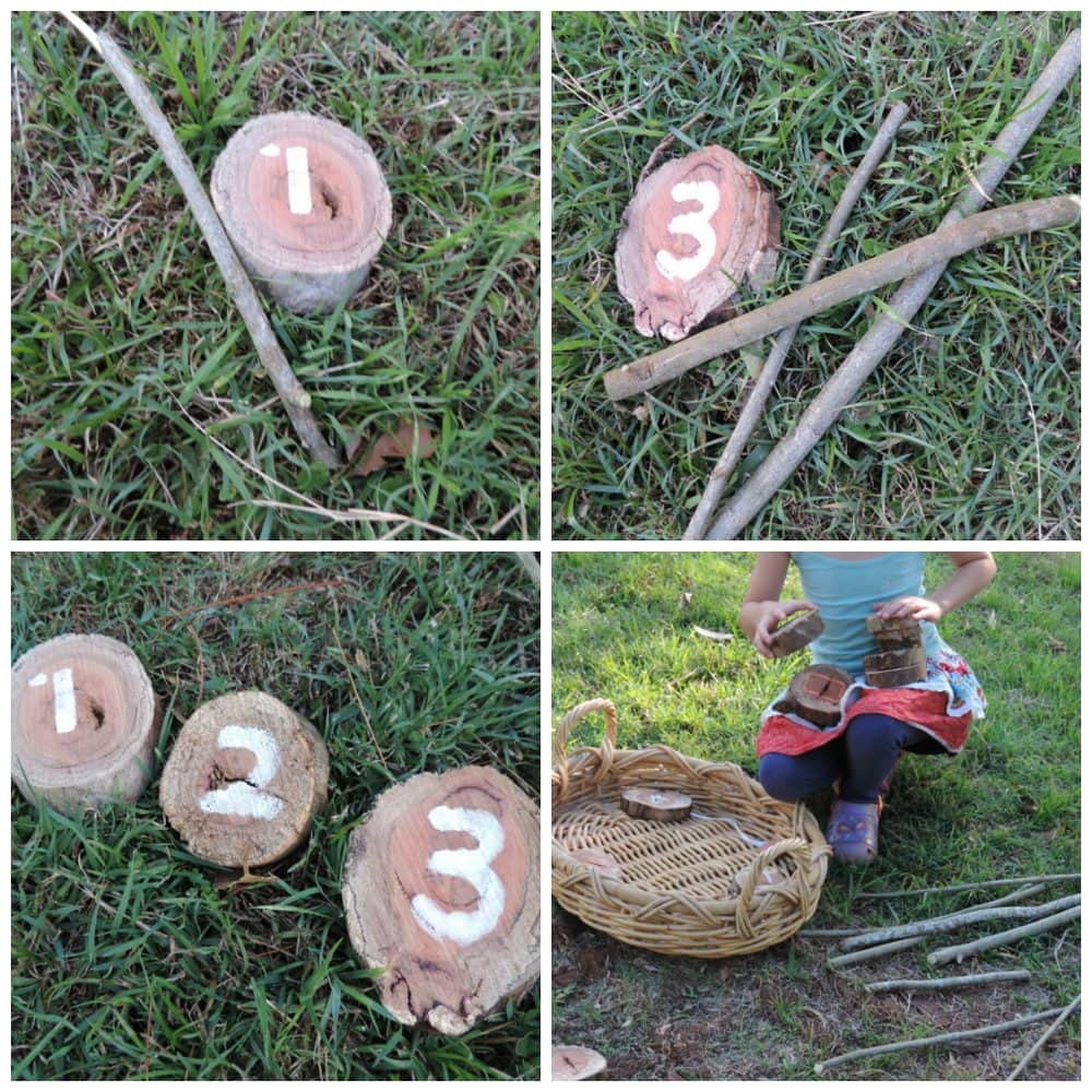 8 easy ideas to introduce play based learning activities into children's outdoor play using wooden cookies, nature and simple DIY resources. Fantastic ideas here for early childhood teachers, educators and homeschool!