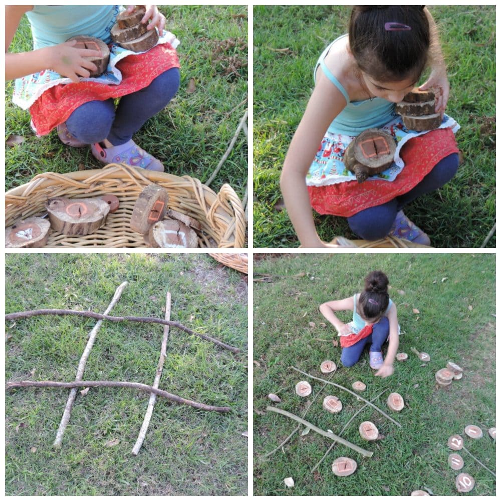 8 easy ideas to introduce play based learning activities into children's outdoor play using wooden cookies, nature and simple DIY resources. Fantastic ideas here for early childhood teachers, educators and homeschool!