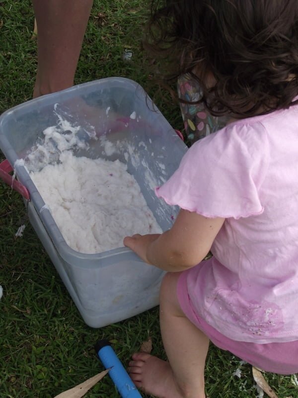 Follow this easy budget friendly recipe to make your own batch of soapy slime for sensory play. Safe for baby & toddler and a whole lot of messy fun!