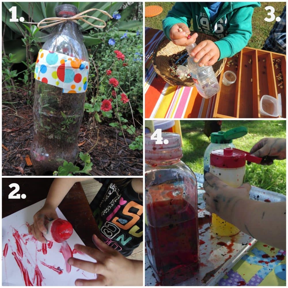 Try these 16 easy ideas to recycle plastic bottles for play and learning. Budget friendly projects perfect for younger children to enjoy with parents and early childhood educators! 