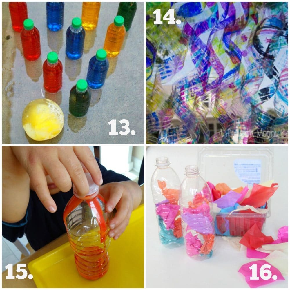 Try these 16 easy ideas to recycle plastic bottles for play and learning. Budget friendly projects perfect for younger children to enjoy with parents and early childhood educators! 