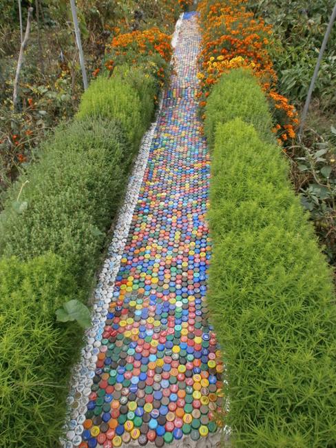 garden sensory path made from recycled plastic lids.