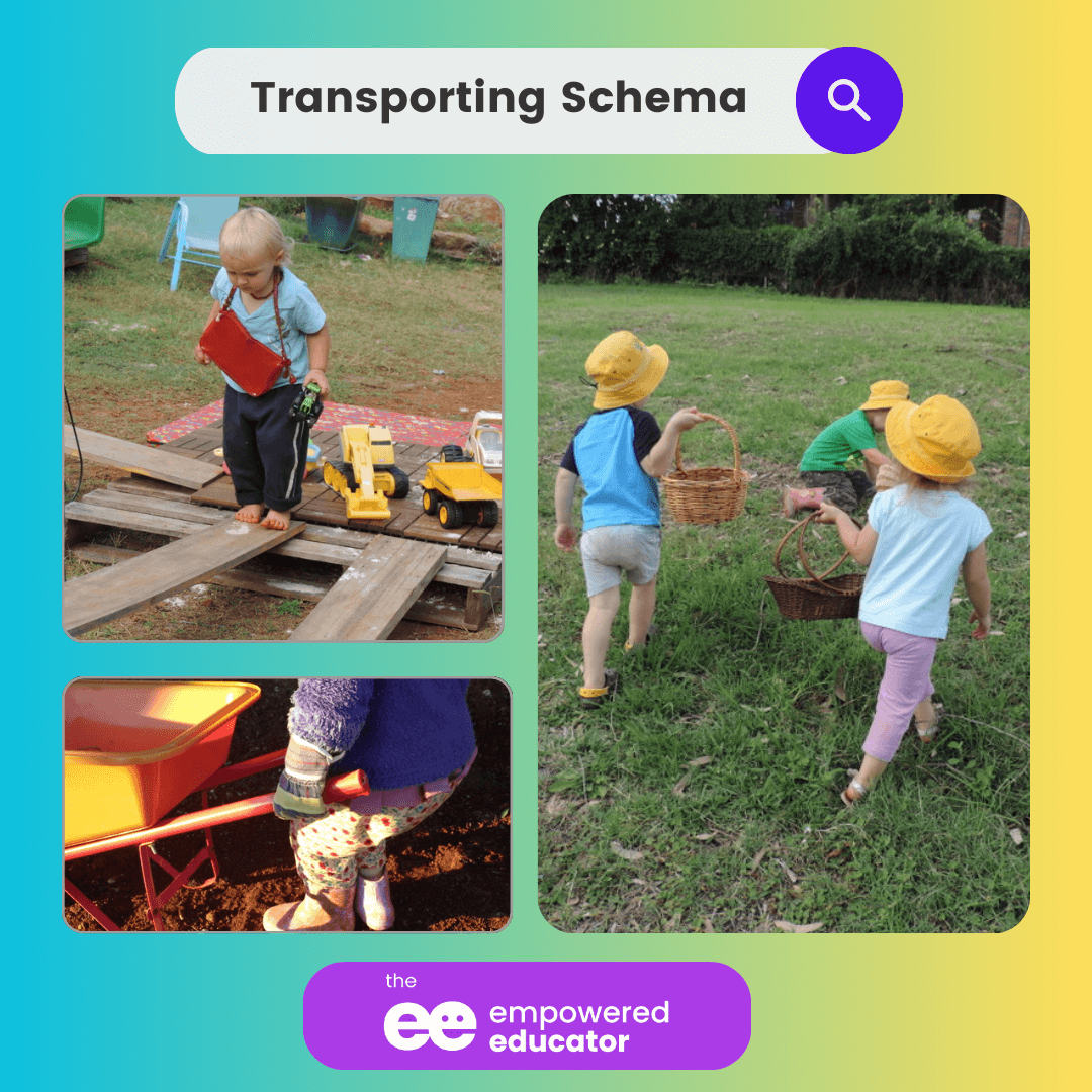 toddlers showing transporting schema with baskets and bags