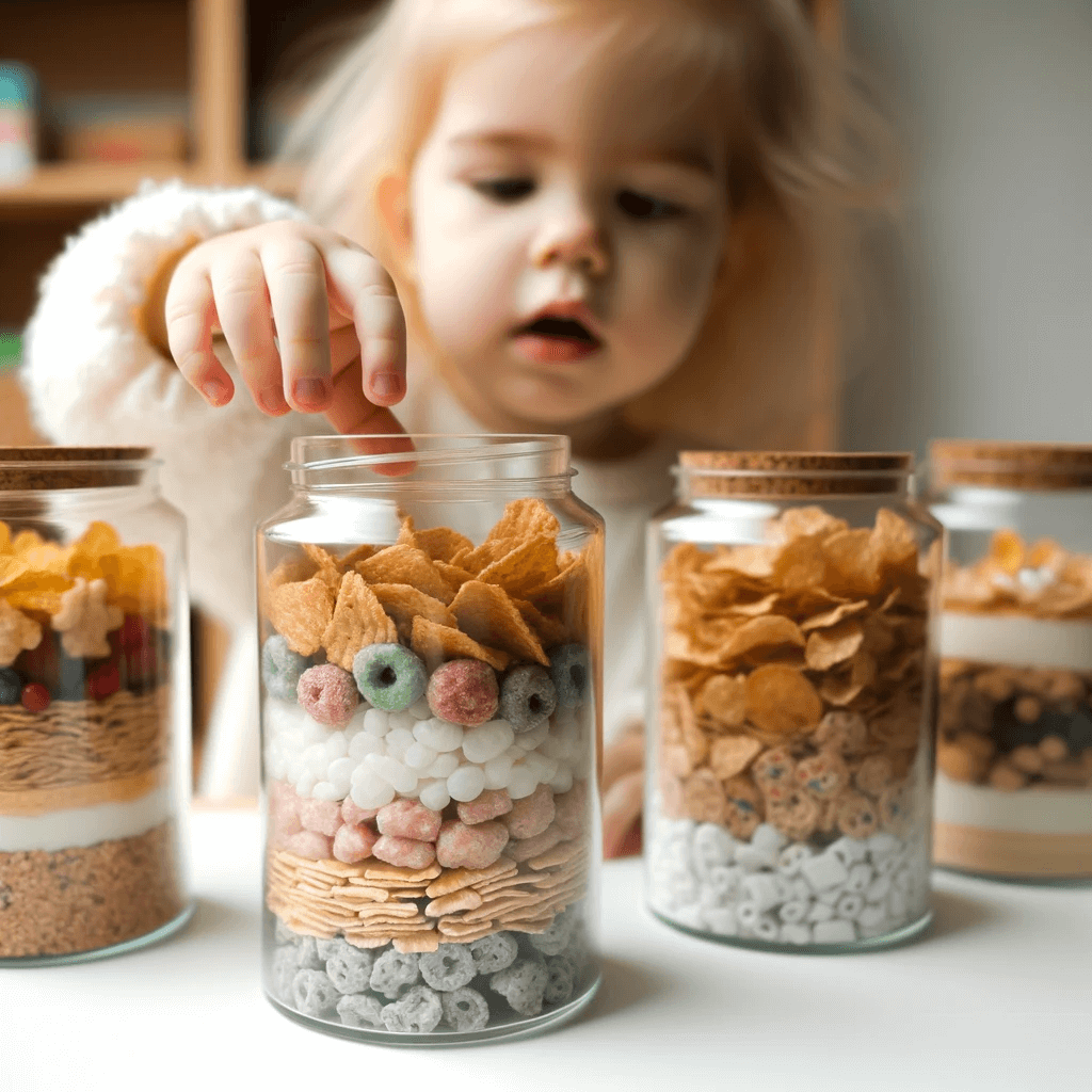 toddler reaching out to play with a food sensory jar