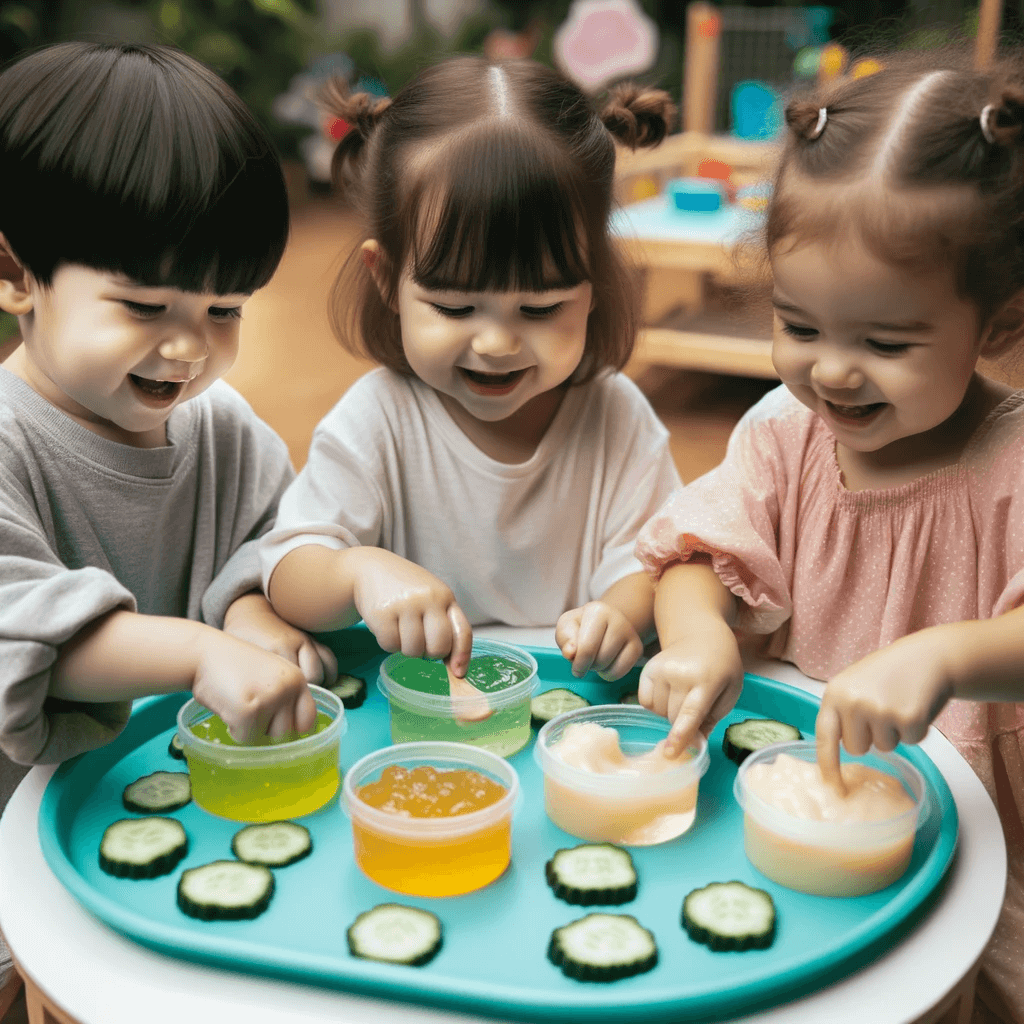 toddlers playing at a sensory table with jelly and fruit