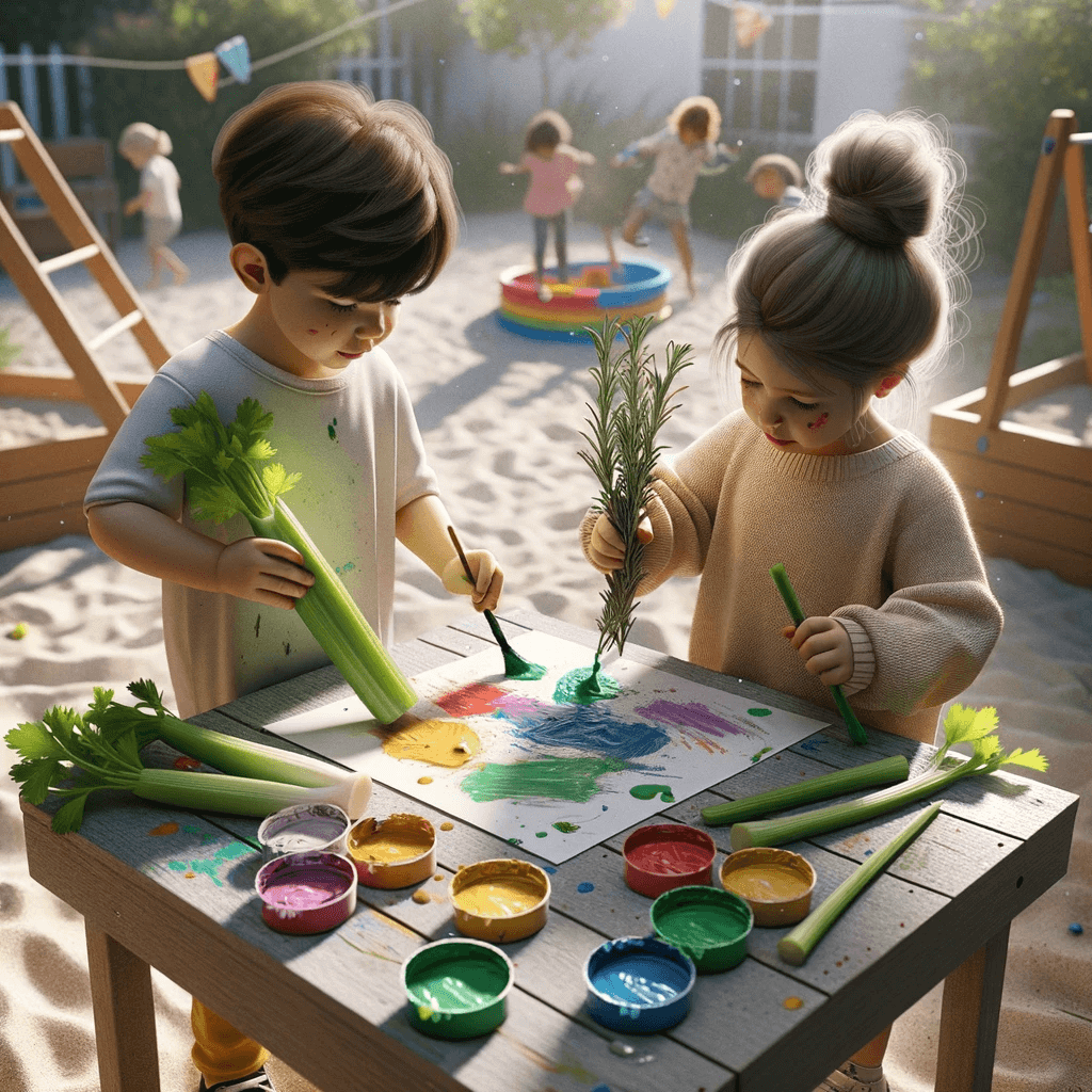 childcare children using rosemary and celery as nature paintbrushes 