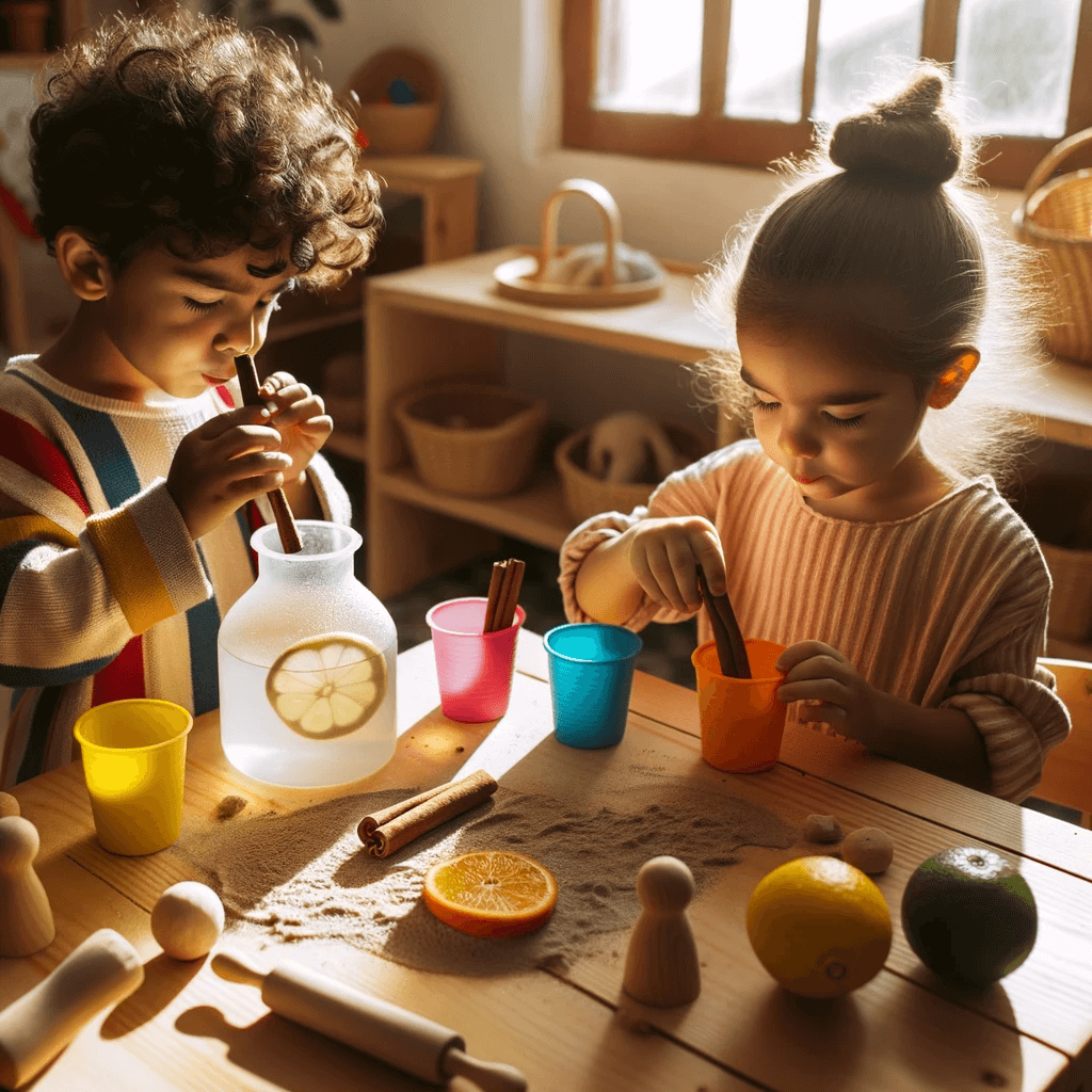 toddlers using their senses playing with cinnamon sticks, orange slices and plastic cups in a Montessori inspired playroom