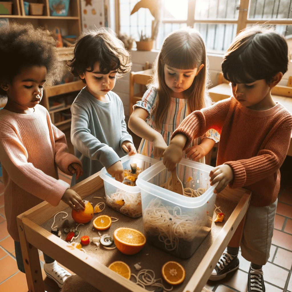 children around a table in a montessori style childcare room scraping food into a compost bin