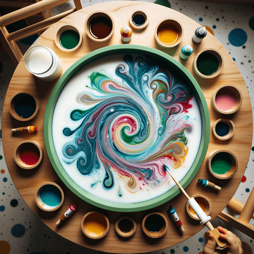 a wooden table set up as a an invitation to play with a dish of milk and food colouring being added for patterns