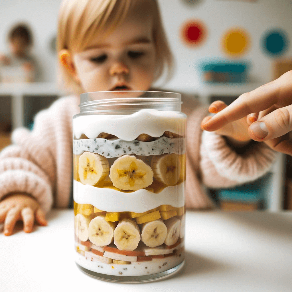toddler looking at transparent jar with food as part of food in play activity