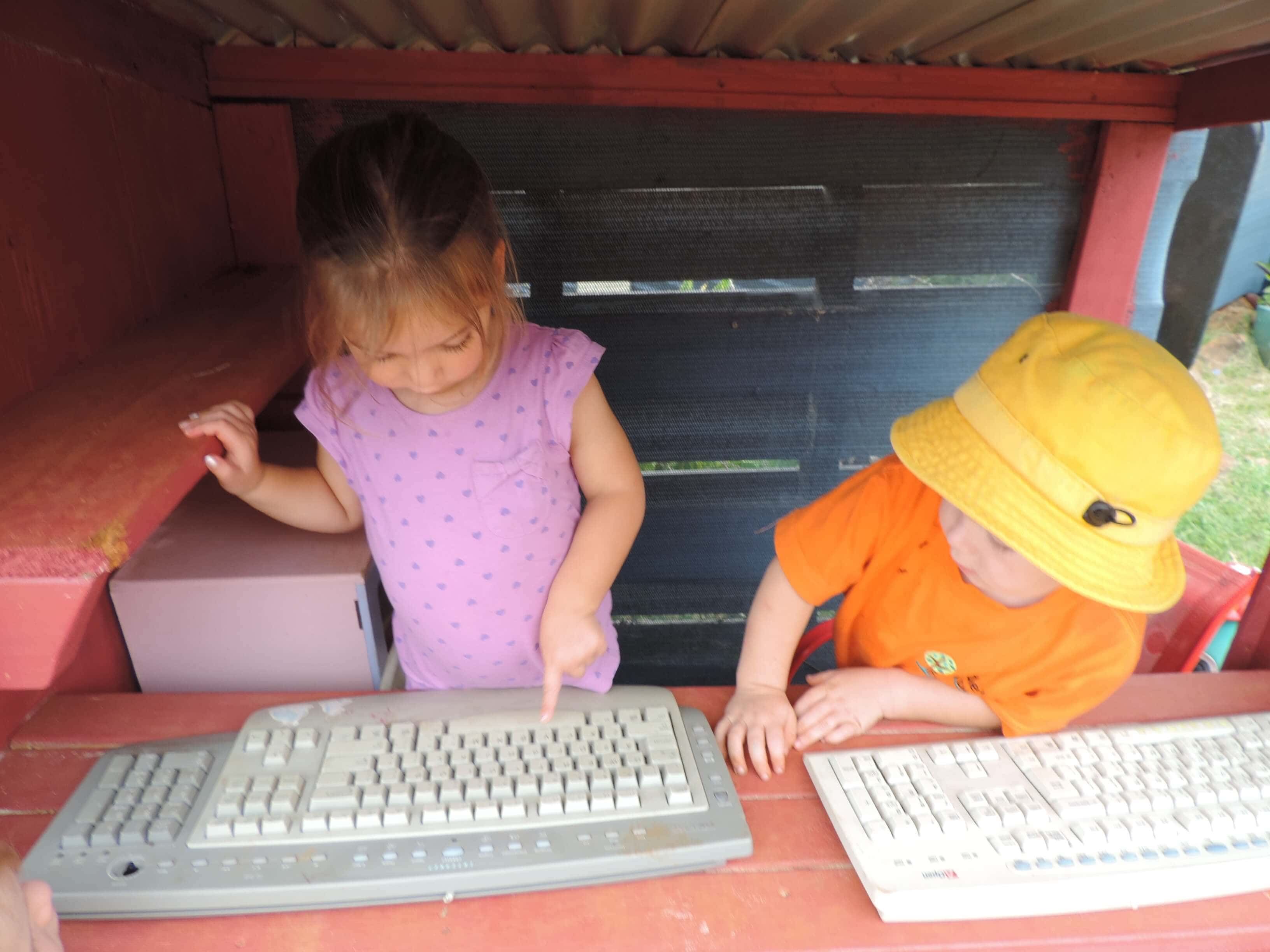office role play outdoors with keyboards