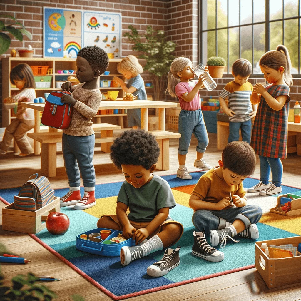 children in a colourful preschool practising self help skills