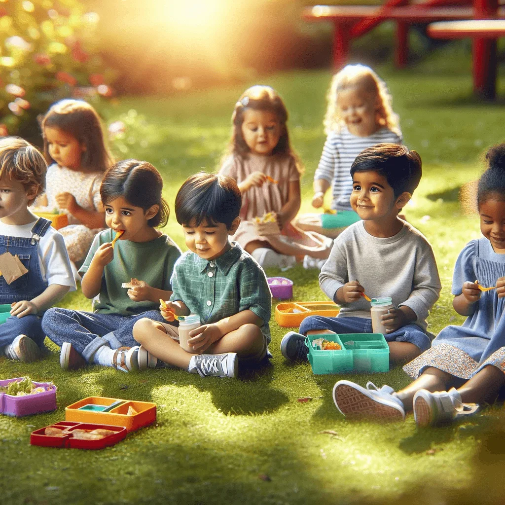 children outside at preschool eating from lunchboxes