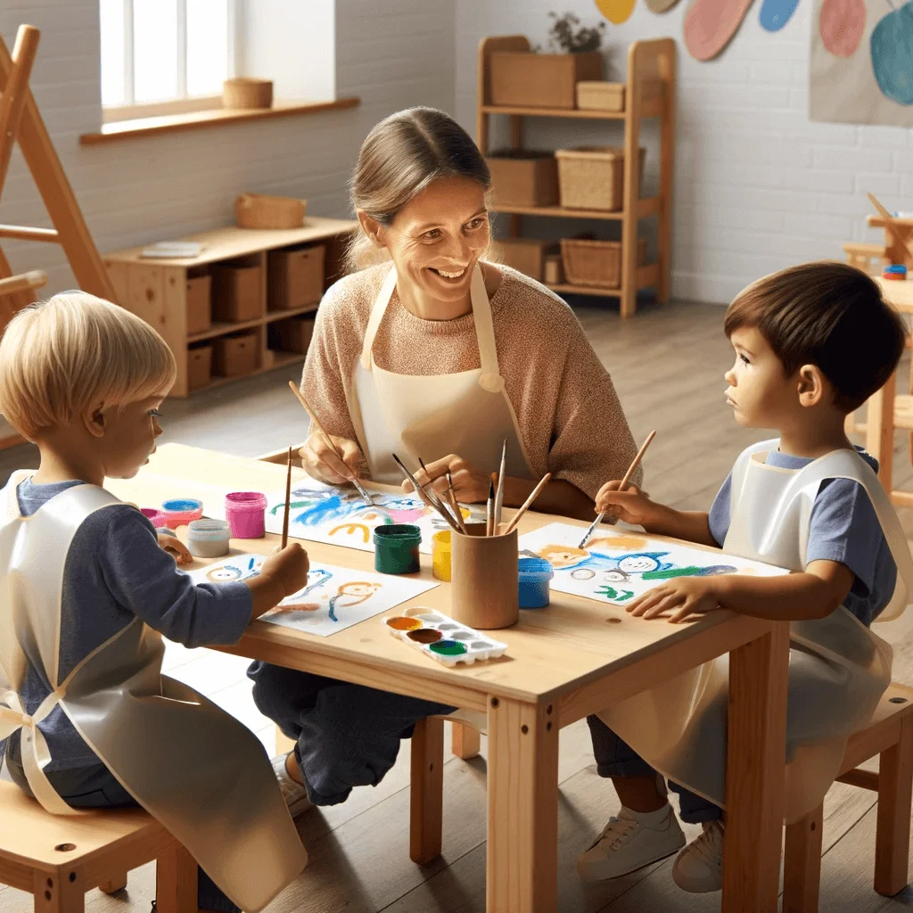 montessoru style preschool room wiht children painting and ai analysis