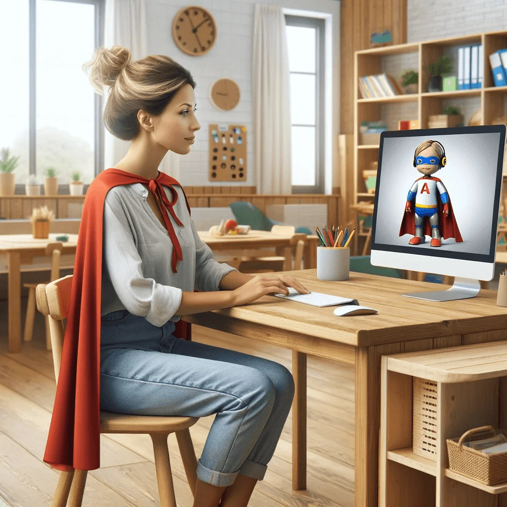educator wearing a superhero cape talking to chatgpt ai on the computer