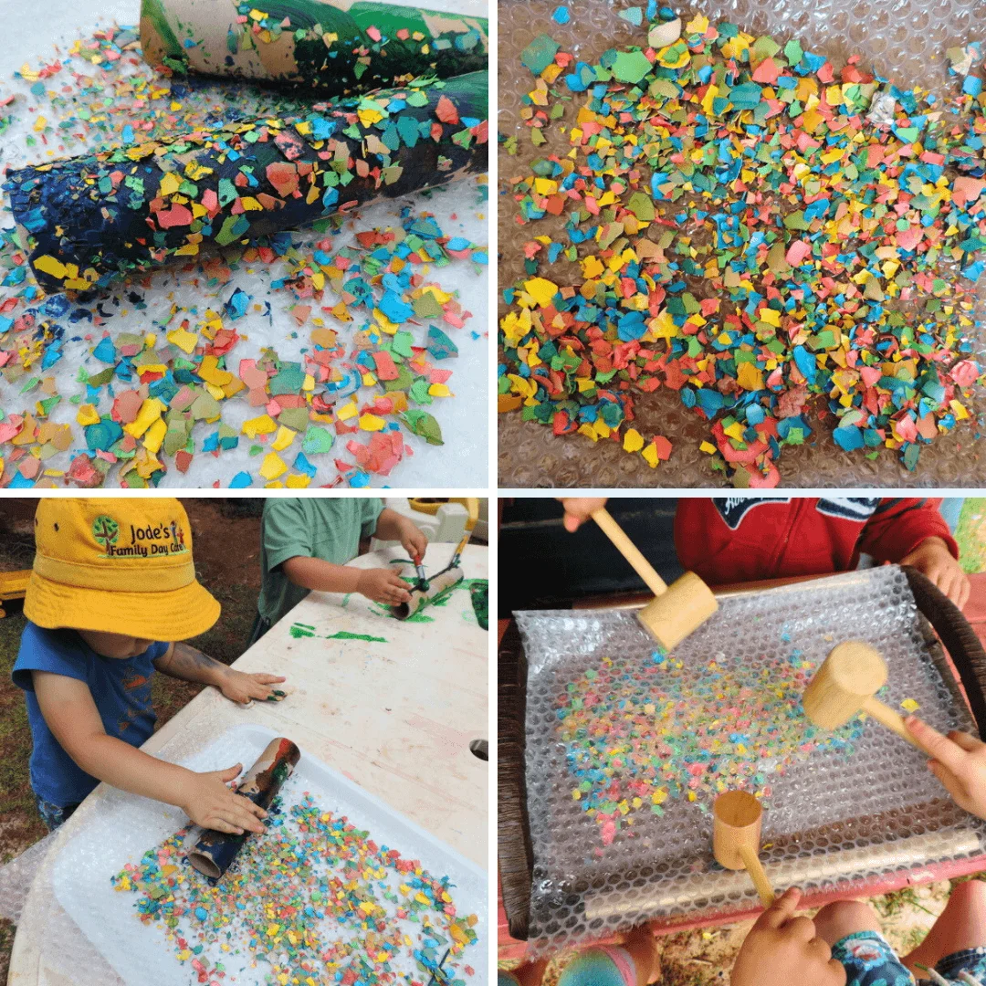 children playing with coloured eggshells and bubblewrap